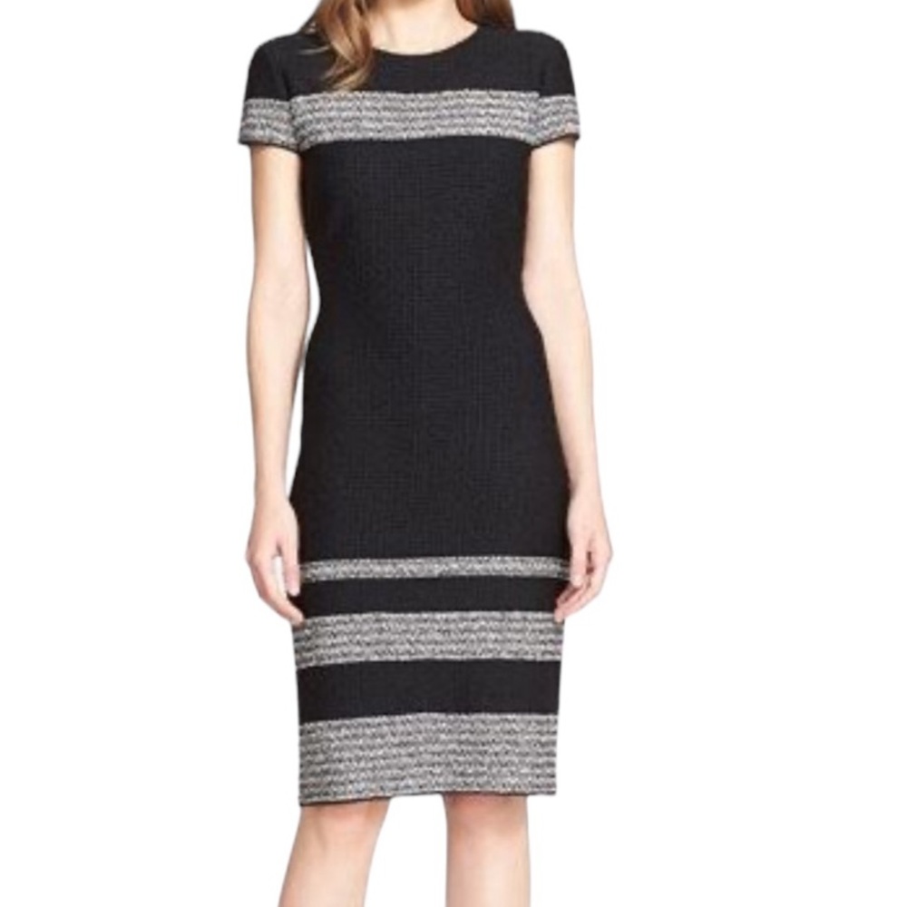 St John Wool Knit Midi Dress Color Block Black & Cream Tweed 8